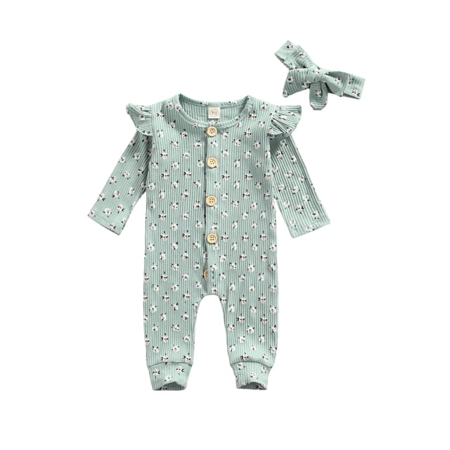 Kmbangi Combinaison à Manches Longues à Fleurs pour Bébé Fille avec Bandeau