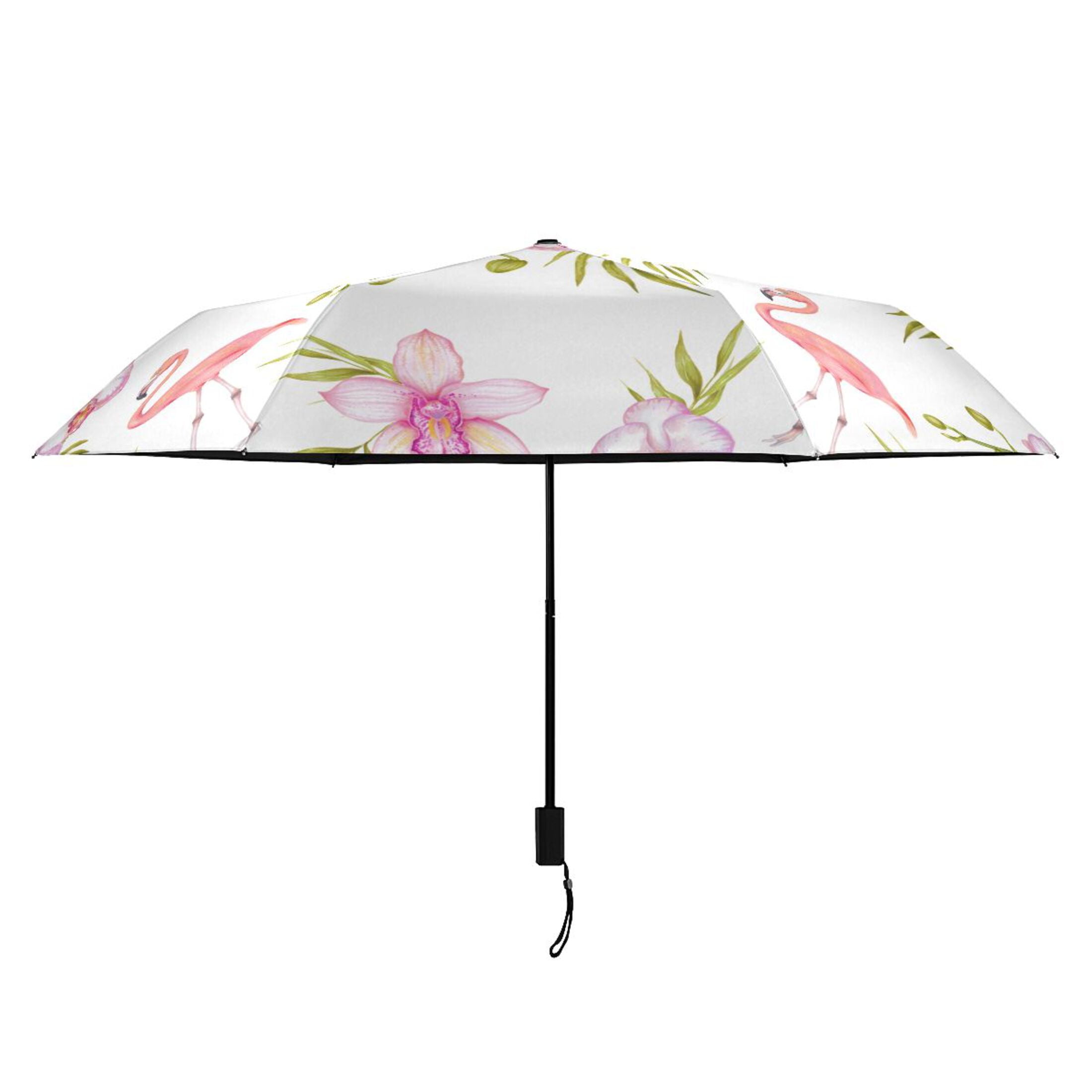 Pink Flamingo Flowers Compact Folding Umbrella for Rain Windproof Travel Umbrella UPF 50+ Lightweight Packable Arc Size