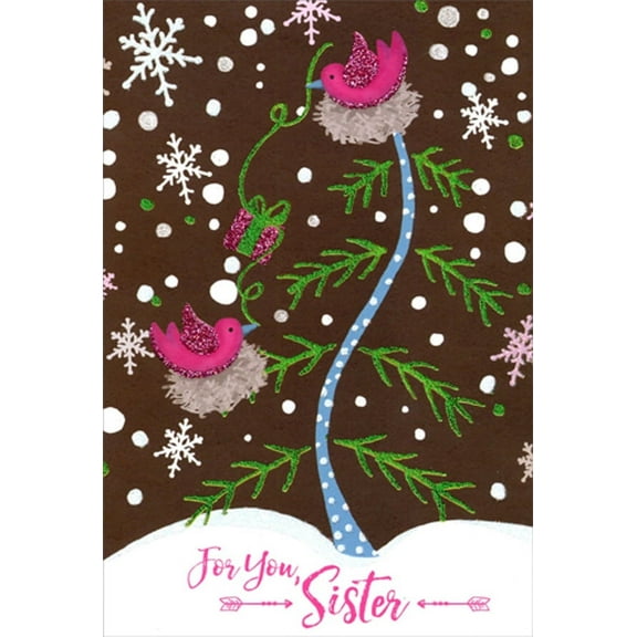 Pictura 2 Pink Birds : Blue Polka Dot Tree : Green Foil Branches Sister Christmas Card