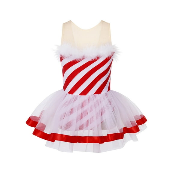 MSemis Kids Girls Christmas Tutu Dress Princess Red Stripe Leotard Dance Dress Red 12