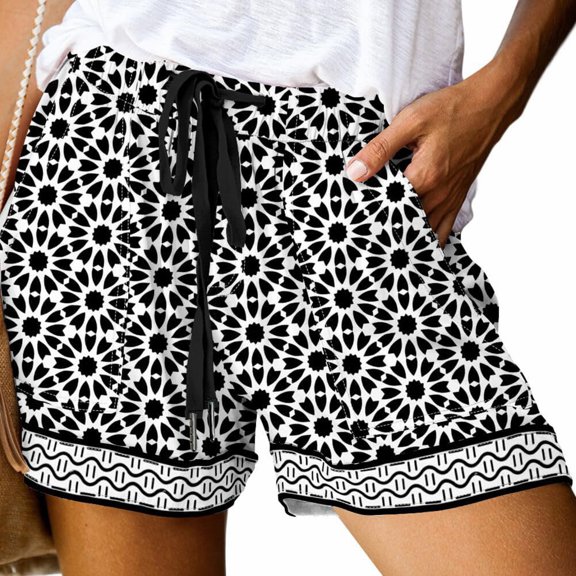 Sakmal Running Shorts Women's Hybrid Floral Print Plus Size Drawstring Elastic Waist Black Shorts with Pockets