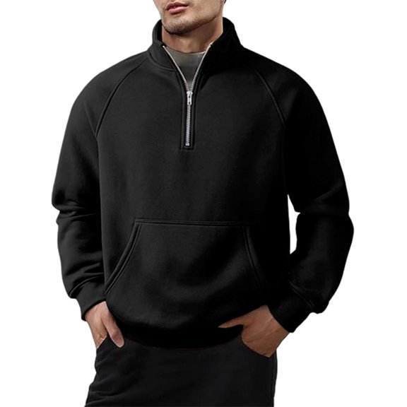 Wrtxtat Men's Half Zip Sweatshirt Relaxed Fit Mock Neck Windproof Pullover with Kangaroo Pockets Solid Color Long Sleeve Tops Black S