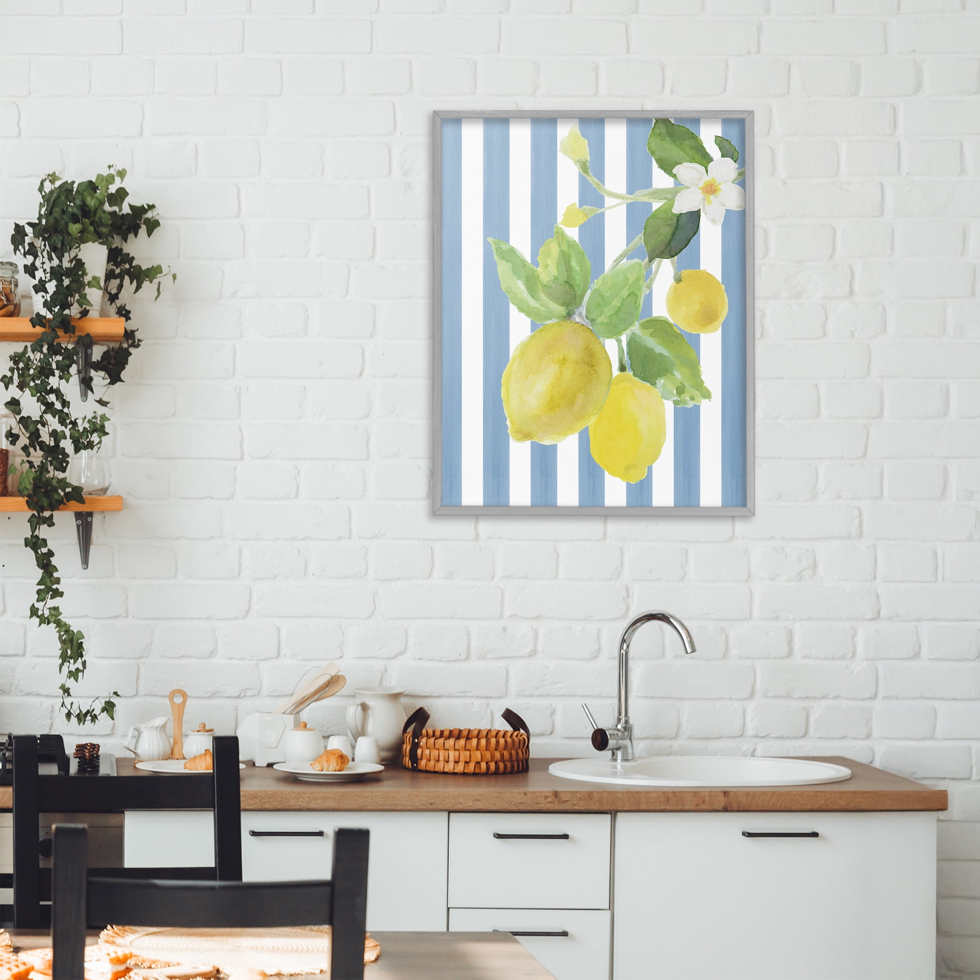 Stupell Industries Lemon Blossom on Blue Stripes Gray Framed Giclee Art, design by Lanie Loreth