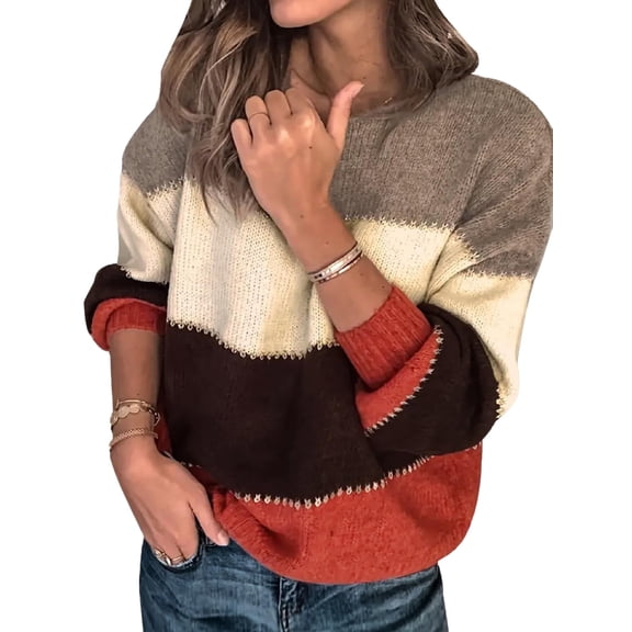 Womens Sweaters Casual Long Sleeve Crewneck Color Block Patchwork Pullover Knit Sweater Tops Orange XXL
