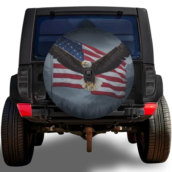 Lotusprinthandmade America Eagle Spare Tire Cover With Backup Camera Hole 6 Sizes (27 in.), us flag wheel protector, patriotic eagle tire cover