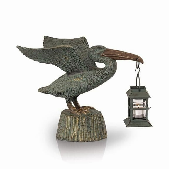 Pelican Antique Verdigris Green Metal Garden Sculpture with Lantern