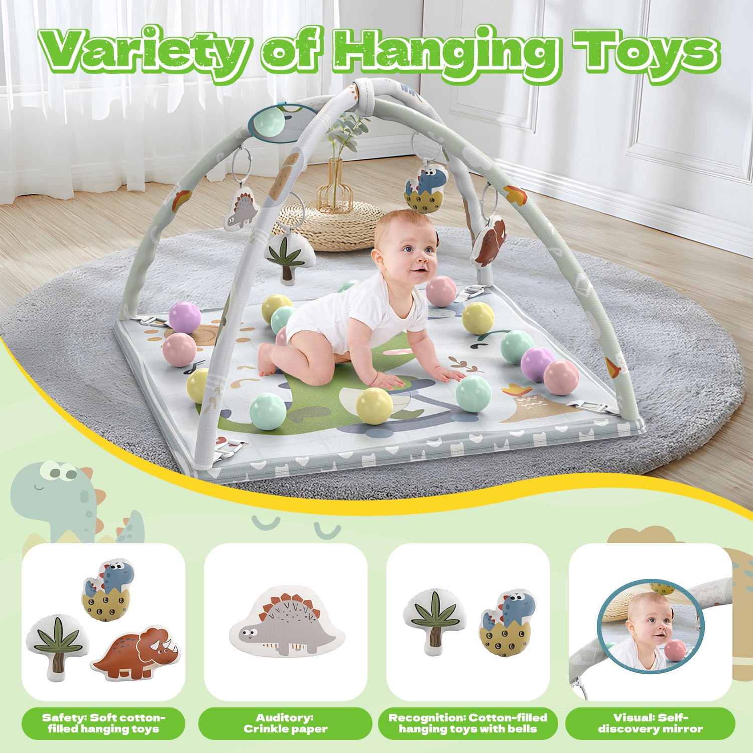 WonderStone 5-in-1 Baby Gym & Play Mat, Tummy Time Toys with Sensory Toys & 18 Balls for Newborns and Infants 0-12 Months, Dinosaur