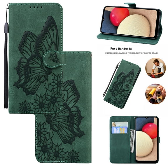 Feishell Wallet Case For Samsung A14 5G, Magnetic Folio Card Slots Holder Kickstand Premium PU Leather Butterfly Patterned Embossed with Wrist Strap Cover For Samsung Galaxy A14 5G, Green