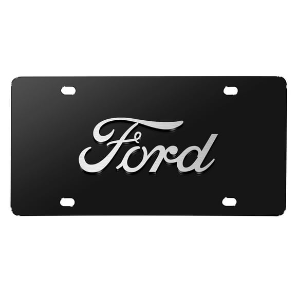 Ford 3D Script Logo in Silver on Black Stainless Steel License Plate