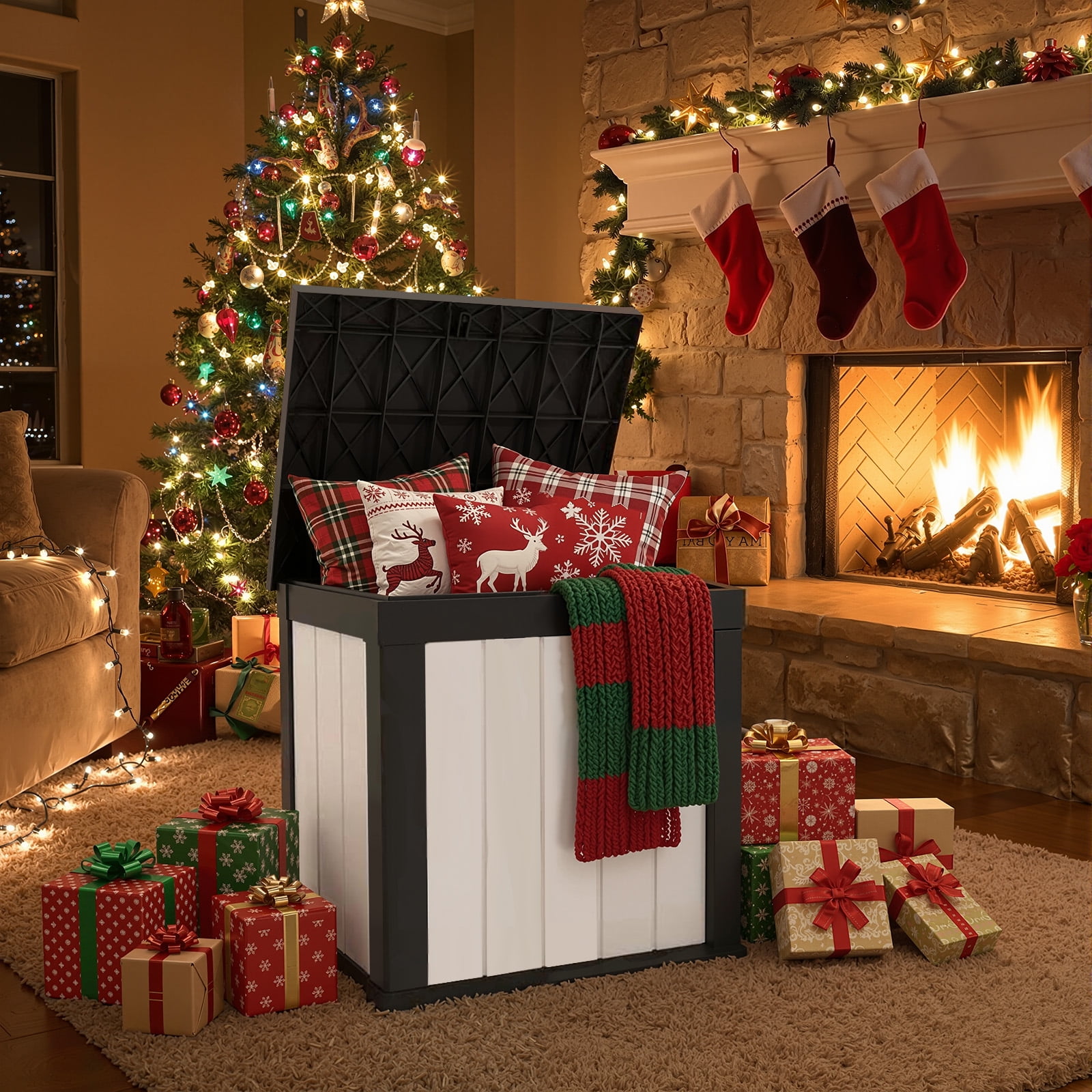 MAYEERTY 50 Gallon Outdoor Deck Box, Large Capacity Storage Box for Patio Furniture Cushions, Pillow with Wheels, Black+White