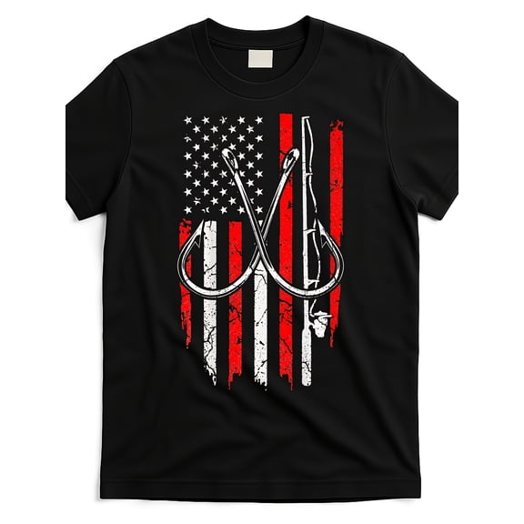 Patriotic American Flag Fishing Hook T-Shirt Distressed USA Angler Graphic Tee Retro Outdoor Fisherman Apparel