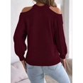 thumbnail image 5 of Women Cable Openwork Hollow Cut Out Cold Shoulder Crew Neck Long Sleeve Loose Pullover Sweater Wine Red M, 5 of 9