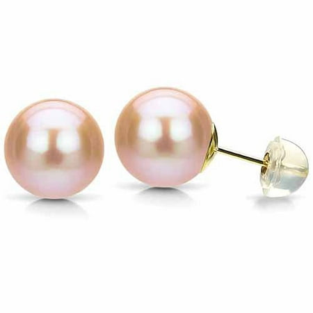 7-8mm Pink Perfect Round High-Luster Freshwater Pearl 14kt Yellow Gold Stud Earrings