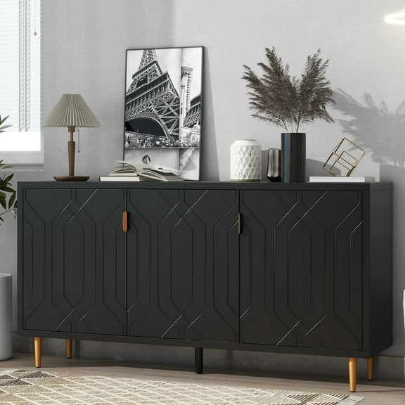 Tv Stand For Living Room, Black, 3 Doors, Adjustable Shelves, Fits 70" Tvs Splendidly Black Cabinet With Shelving, Up To Tvs, Enriches Room