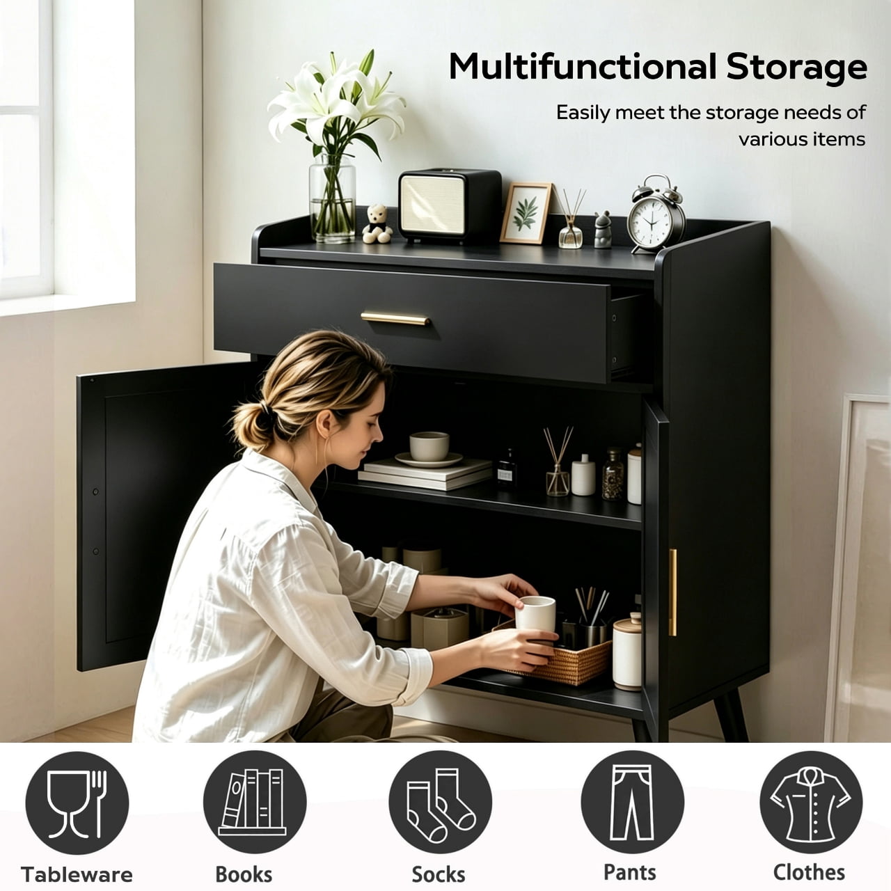 Kitchen Storage Cabinet, Farmhouse Buffet Cabinet , Storage with 1 Drawers and 2 Doors, Cabinet with Solid Wood Feet,Floor Sideboard Buffet for Living Room, Dining Room, Bathroom,(black Color)