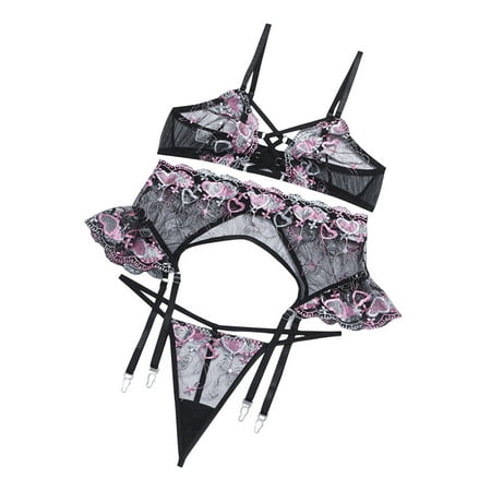 

ICQOVD 3Pc Women S Lace Mesh See-Through Embroidery Love Contrast Underwear Set