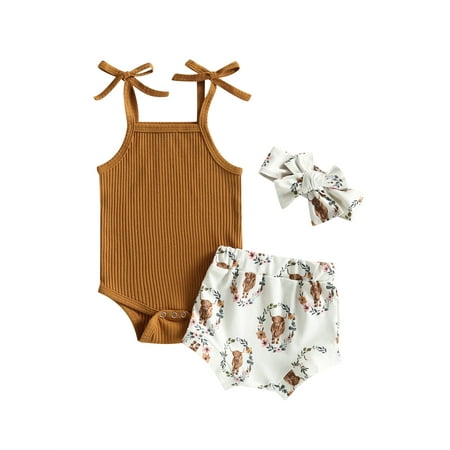 

Qtinghua Western Baby Girl Outfit Sleeveless Strap Ribbed Romper Top Cow Print Shorts Headband 3Pcs Summer Clothes Earthy Yellow 3-6 Months