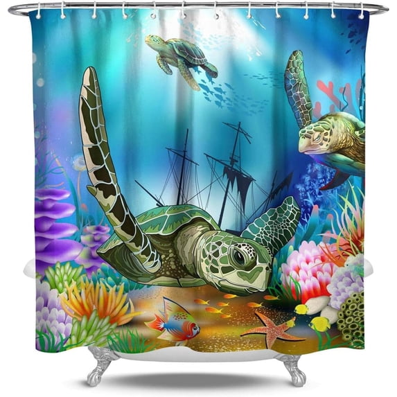 Funny Kids Shower Curtain Sets for Bathroom (Sea Turtle 2)