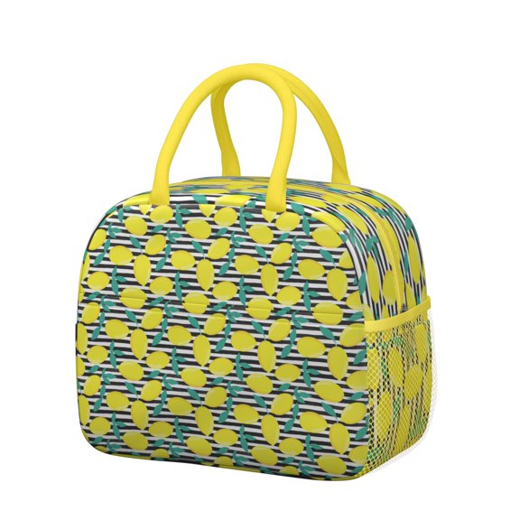 Lunch Bag Lunch Box for Women Reusable Insulated Lunch Bags,Water-Resistant Lemons with Leaves on Black Cooler Lunch Tote Bag, Large Capacity for Work Travel Picnic