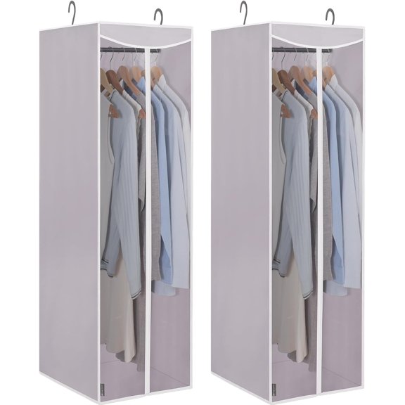 2-Pack Hanging Garment Bag Zipper Cover with Sealed Clear Window, Long Garment Cover for Closet Storage Wardrobe Clothes Protector, Large Garment Storage Bag for Dresses,Suits, Grey
