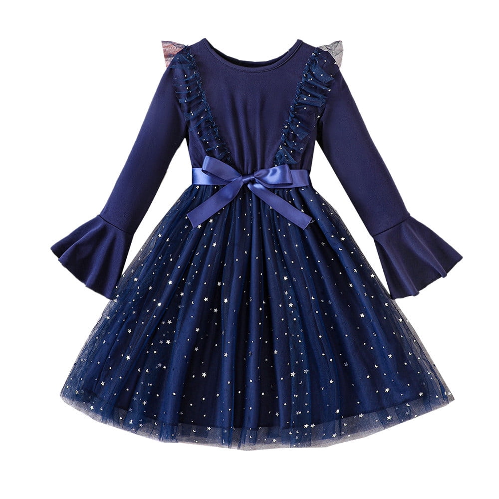 VBARHMQRT Robe en Dentelle Bleue à Manches Longues pour Fillettes, Robe de Princesse pour Fête Dansante, Vêtements pour Enfants