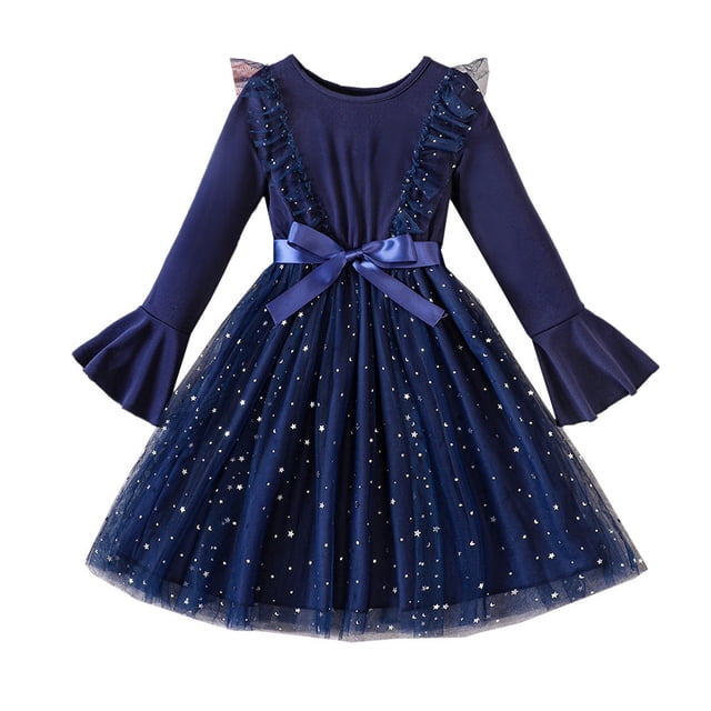 VBARHMQRT Robe en Dentelle Bleue à Manches Longues pour Fillettes, Robe de Princesse pour Fête Dansante, Vêtements pour Enfants