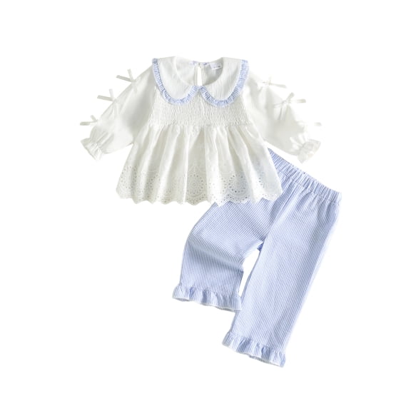 Cjfdfy Toddler Baby Girl Fall Outfits Smocked Long Sleeve Doll Collar Bows Ruffle Long Sleeve T-shirt With Striped Pants Little Girl Cute Elegant Fall Winter Clothes 6M-4Y