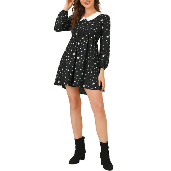 Allegra K Women's Contrast Peter Pan Collar Metallic Stars Long Sleeve Dress