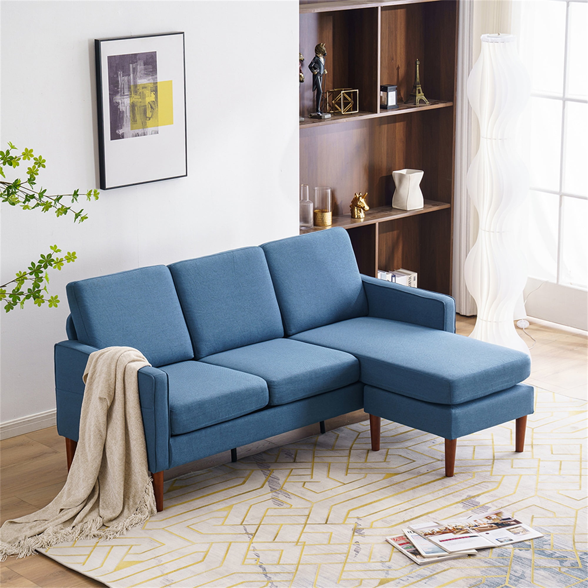 Yardi Yard Fabric L-Shape Couch with Reversible Ottoman, 3-Seat Sectional Sofa for Living room, Navy Blue Yardi Yard Fabric L-Shape Couch with Reversible Ottoman, 3-Seat Sectional Sofa for Living room, Navy Blue