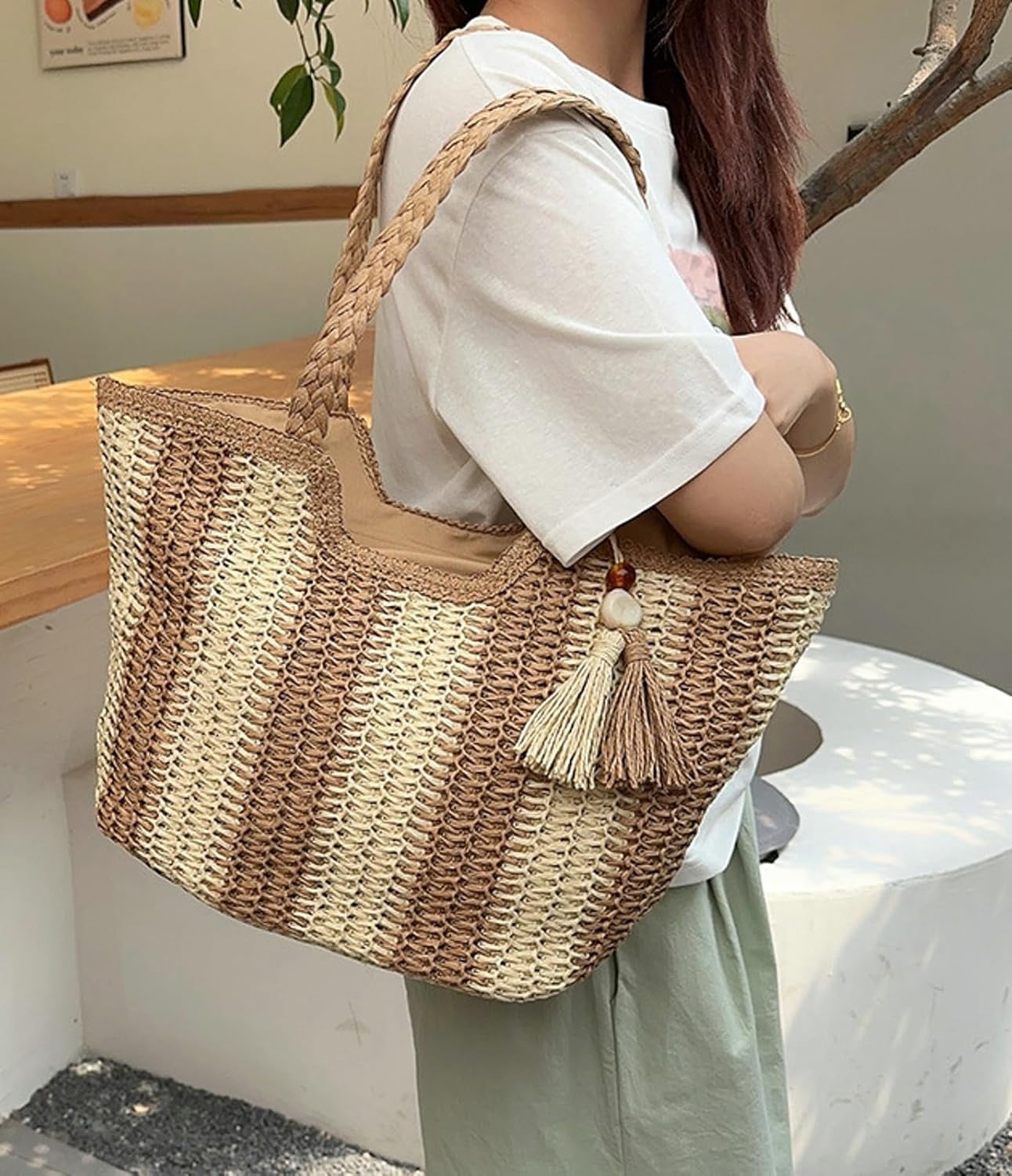 Zhengup Shoulder Bag Women Beach Tote Bag Ladies Straw Purses Handbags Summer Crochet Hand Woven Stripe