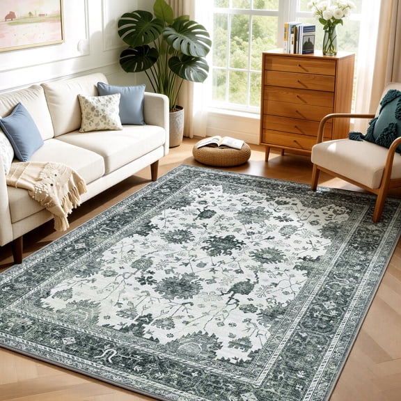 WANLISELL 5'x7' Washable Area Rugs for Living Room, Vintage Soft Boho Rug, Non-Shedding Distressed Farmhouse Dining Room Rugs for Bedroom Home Office, Green/Beige
