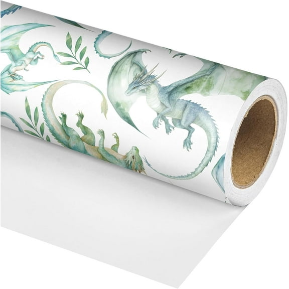 Dragon Wrapping Paper Roll for kids Boys Girls - Green Watercolor Drgon Design Gift Wrap Sheets for Birthday Baby Shower Holilday Party(Total 28.5sq.ft)