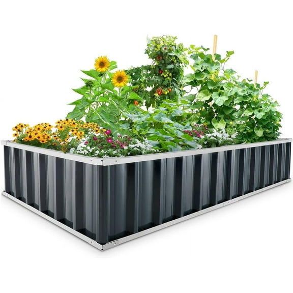 KING BIRD 68"x 36"x 12" Ivory Easy for DIY Color Raised Garden Bed Galvanized Steel Metal Planter Kit Box Grey W/ 8pcs T-Types Tag & 1 Pair of Gloves, 17 Cu. ft.