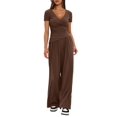 thumbnail image 3 of Women 2 Piece Lounge Fall Outfits Sets Neck Shirts and Wide Leg Pants Casual Matching Sets Coffee Color XS, 3 of 8