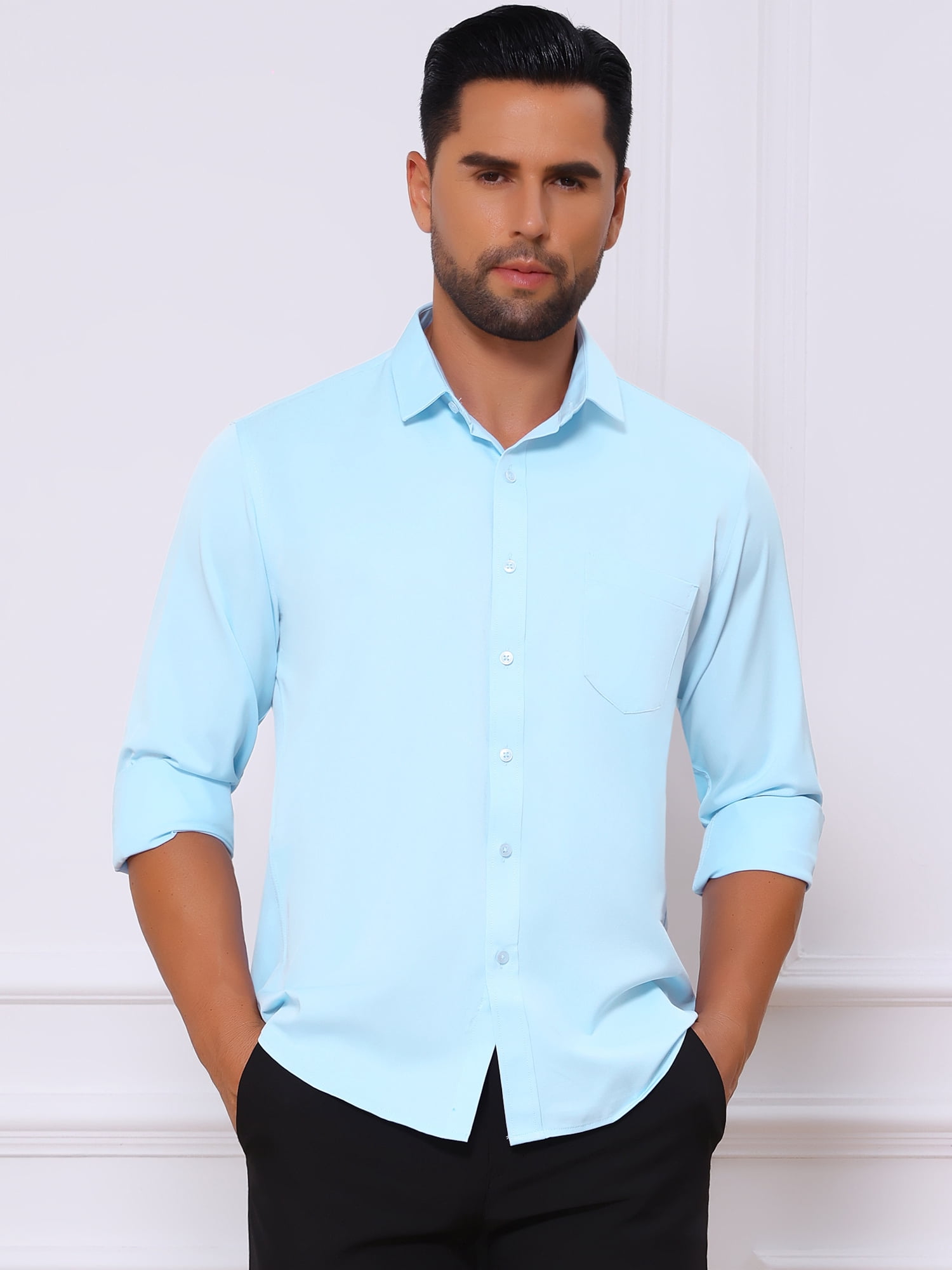 DARING DIVA Men's Point Collar Button Long Sleeve Business Shirts L Light Blue