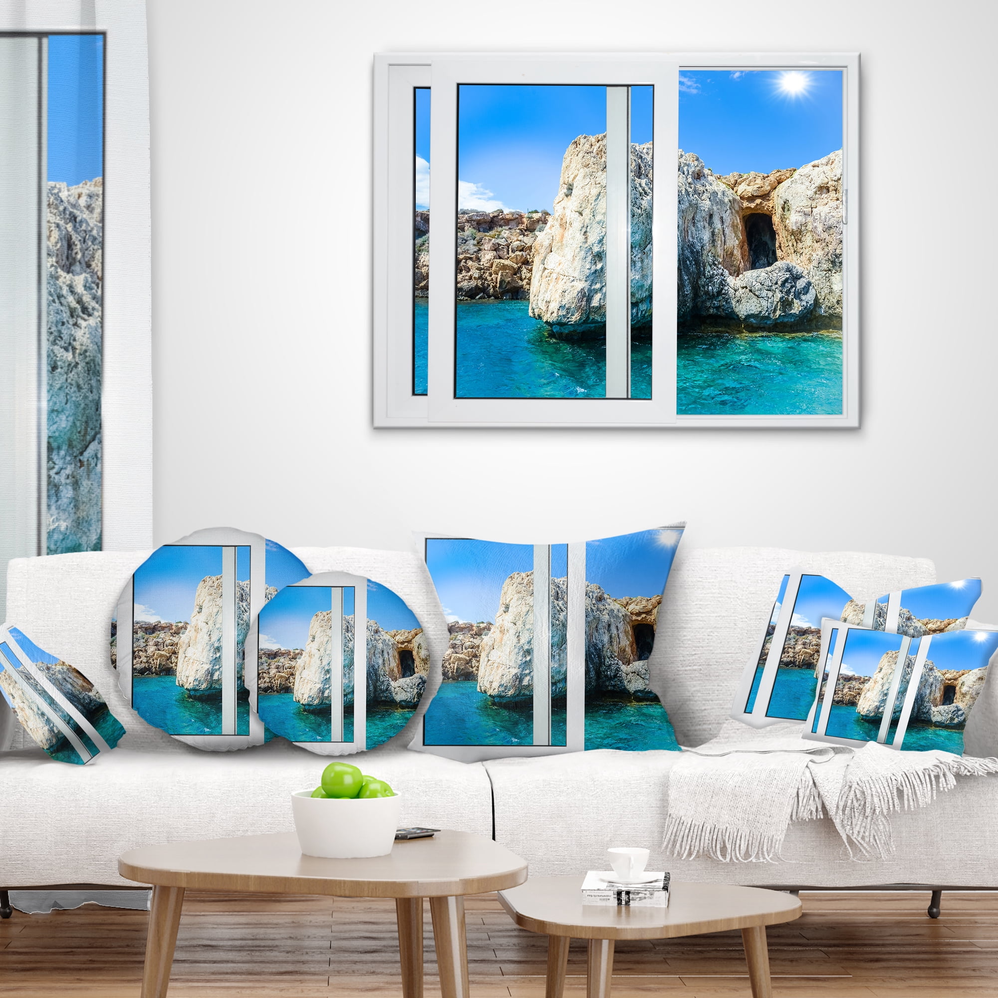 Designart Open Window to Rocky Sunny Ocean - Seashore Throw Pillow - 16x16