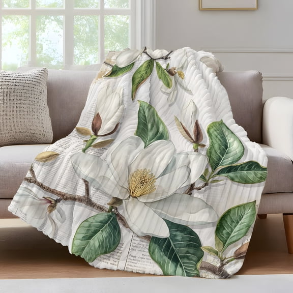 Flowers Leaves Fleece Throw Blanket for Couch, Farmhouse White Botanical Magnolia Retro Microfiber Flannel Blanket for All Season, Lightweight Soft Throw Blankets for Baby, Kids, Pets, 30"x40"