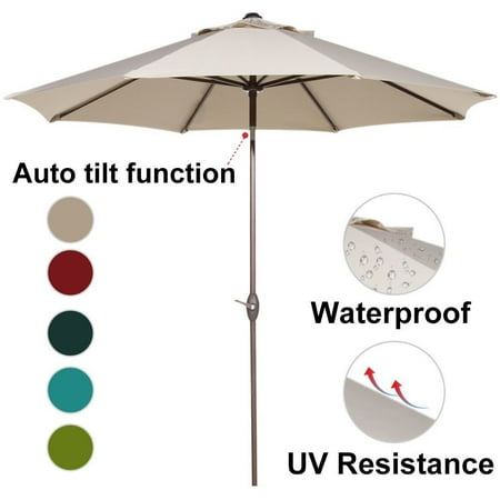 9' Auto Tilt Market Umbrella - Abba Patio 9-Ft Aluminum Patio Umbrella with Auto Tilt and Crank, 8 Ribs, Beige
