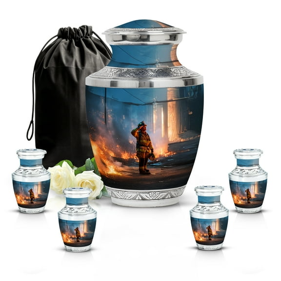 SABURIAL Fire Fighter Urn - Beautiful Handcrafted Burial Urns for Women & Men Ash - Memorial Keepsake Urn for Human Ashes - Funeral Tribute Urn - Combo - 10 Inch Large & 3 Inch