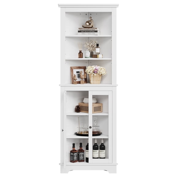 Freestanding Corner Cabinet with Glass Doors - 65" Tall Bookcase - Adjustable Shelves - Farmhouse Storage for Living Room, Kitchen, Bathroom, Dining Room - Color: White