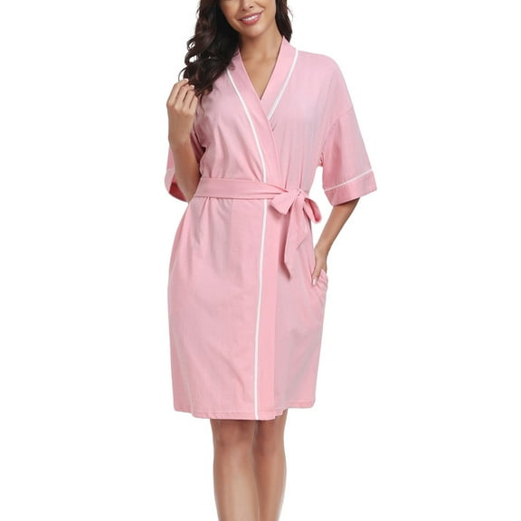 MAYFISH Women's 100% Cotton Summer Short Robes Lightweight Spa Robe Soft Knit Kimono Bathrobes with Pockets (Pink,M)