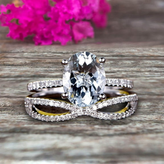 2.50 Carat 8x6mm Oval Shape Aquamarine Engagement Ring Bridal Ring 10k White Gold Curved Loop Infinity Matching Band