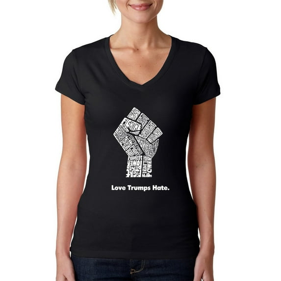 LA Pop Art Women's Word Art V-Neck T-Shirt - Love Trumps Hate Fist