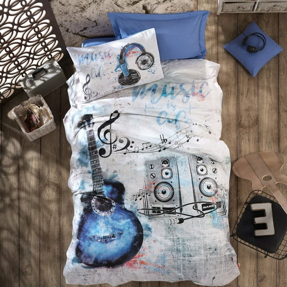 SUSSEXHOME Blue Guitar Cotton Duvet Cover Set, Twin Size Duvet Cover, 1 Duvet Cover, 1 Fitted Sheet and 2 Pillowcases, Iron Safe, Hypoallergenic, Breathable , Machine Washable, Child Room