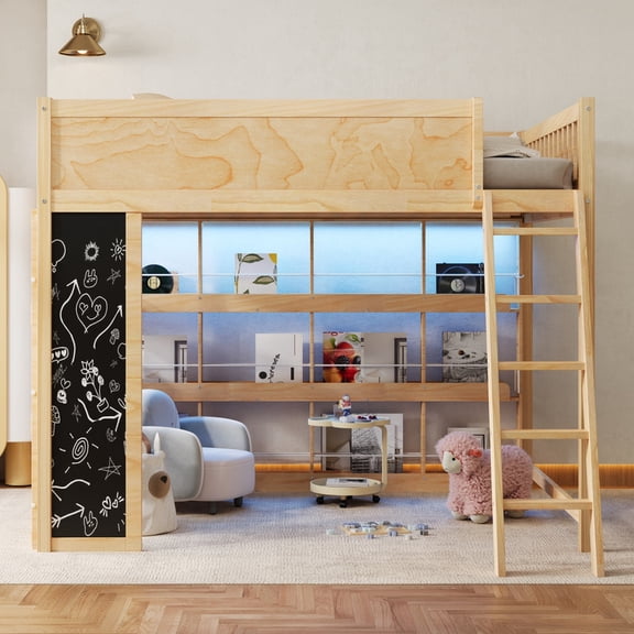 Euroco Queen Size Loft Bed with Bookcase, Wood Bed with Shelves, LED Light and Chalkboard Panel, Natural