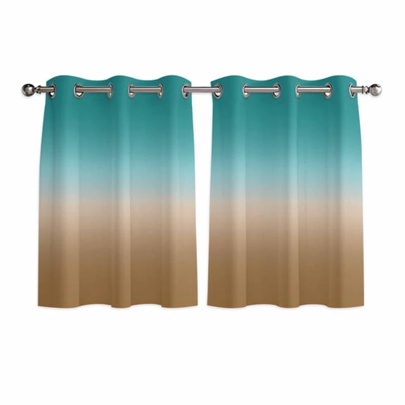 Teal Brown Ombre Kitchen Curtains Short 45 Inch Length, Turquoise Gradient Modern Abstract Art Grommet Top Bedroom Living Room Curtains, Light Filtering Cafe Curtain Drapes 2 Panels Set 84''x45''
