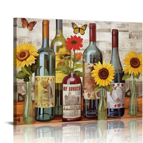 Nawypu Kitchen Wall Art Wine Pictures Wall Decor Large Canvas Wall Art for Living Room Dining Room Brown Vintage Home Decor Neutral Red Wine Bottles Artwork for Walls Sunflower Paintings for Wall