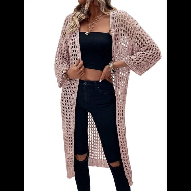 Cárdigan de Punto Abierto con Mangas 3/4 Caladas para Mujer, Suéter , Gris Rosado Pálido, Talla XL