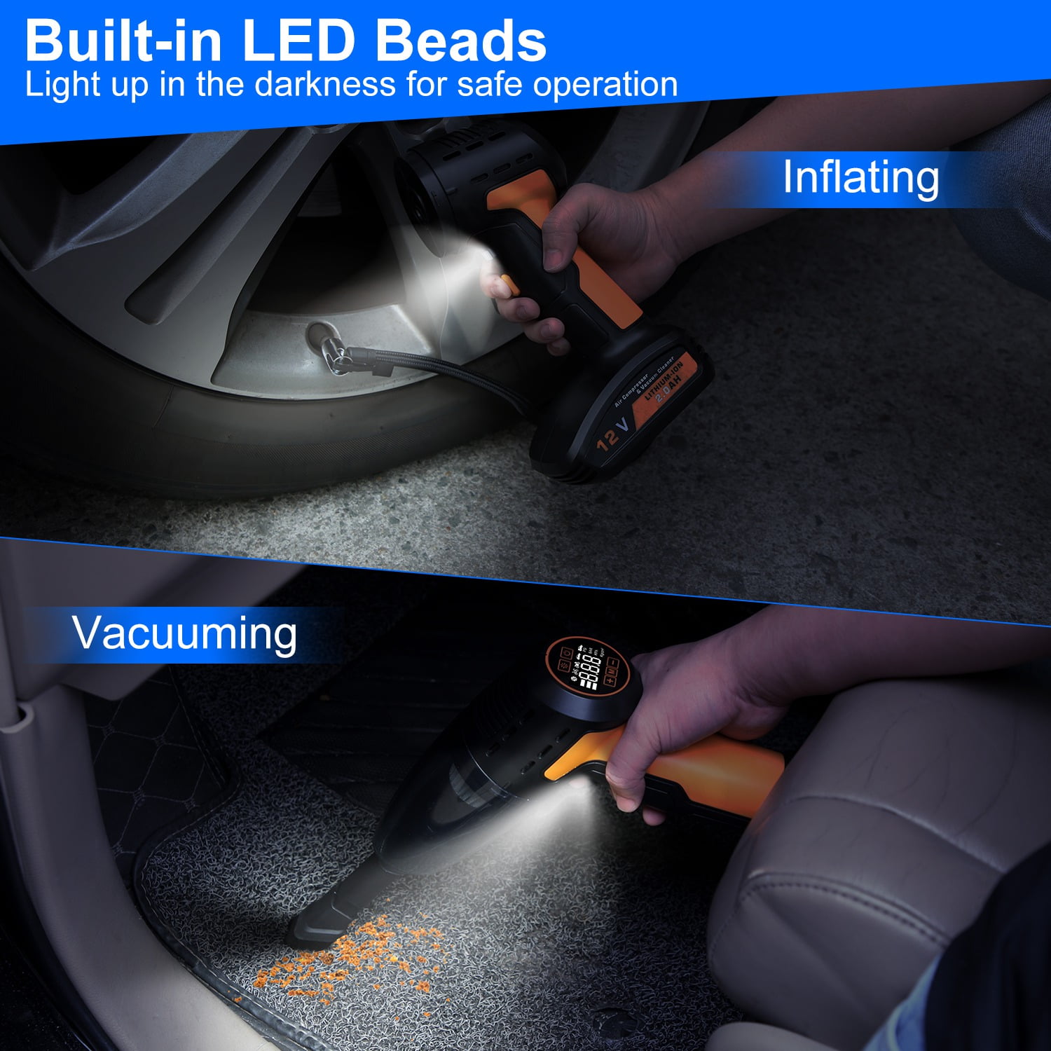 Imountek 4 in 1 Cordless Car Vacuum Cleaner and Tire Inflator, 150PSI Rechargeable Air Compressor Pump with LED Light & Digital Display