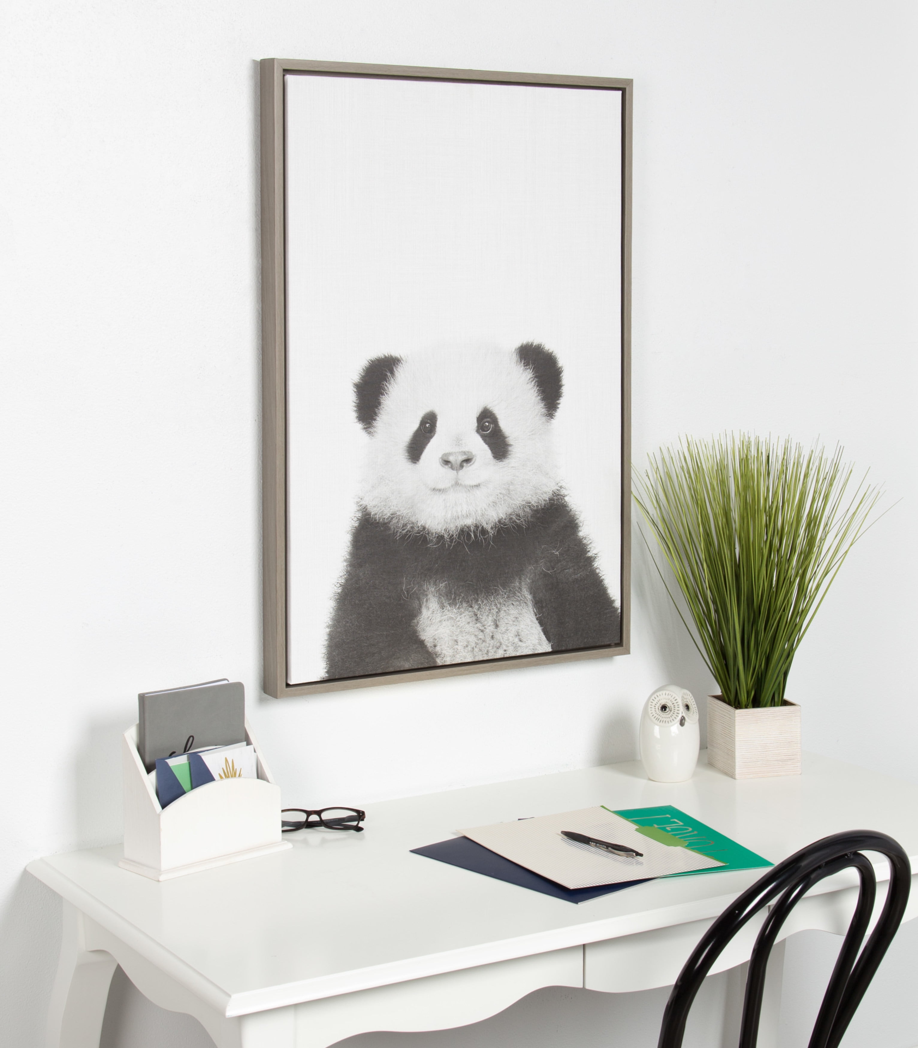 Kate and Laurel Sylvie Panda Animal Print Black and White Portrait Framed  Canvas Wall Art by Simon Te Tai, 23x33 Gray